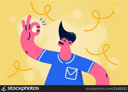 Smiling man show all right hand gesture feel positive and satisfied. Happy guy make okay sign. Overjoyed male demonstrate ok. Body language, nonverbal communication. Vector illustration. . Smiling man show ok hand gesture