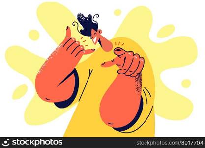 Smiling man show telephone hand gesture point at screen. Happy male with call me gesture show with finger on camera. Vector illustration. . Smiling man with call me gesture point at screen 