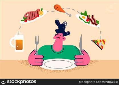 Smiling man sit at table in restaurant think of variety of food to order. Happy hungry guy client choose dish from menu to eat in cafe or bar. Nutrition, eating habit concept. Vector illustration. . Happy man sit at table think of dish to order