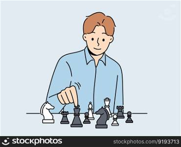 Smiling man sit at table play chess. Happy businessman enjoy game on chessboard. Hobby and leisure time. Strategy and planning. Vector illustration. . Smiling man playing chess