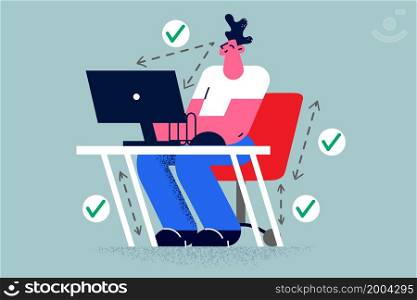 Smiling man sit at table work on computer in correct position. Guy worker or student keep right distance between eyes and PC busy on gadget. Healthcare, ergonomic job concept. Vector illustration.. Smiling man work on computer in correct position