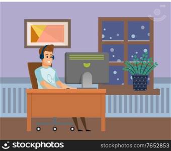 Smiling man sitting at table, communication with computer, male wearing headset working with pc at office or home, house-plant on window, hobby vector. Male Using Computer, Working with PC, Hobby Vector