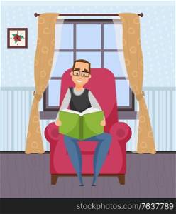 Smiling man sitting on armchair with book, male reading literature. Leisure of person wearing glasses, interior of room window with curtains, clock vector. Male with Book, Hobby Reading, Leisure Vector
