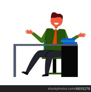 Smiling man sitting on chair in front of table with few books on it. Vector illustration of male on his workplace isolated on white background. Man on Workplace in Office Vector Illustration