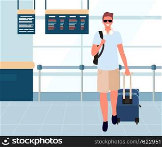Smiling man traveler with baggage standing in arrival or departure lounge. Male tourist with backpack in airport, person with bag near scoreboard vector. Tourist with Baggage in Departure Lounge Vector
