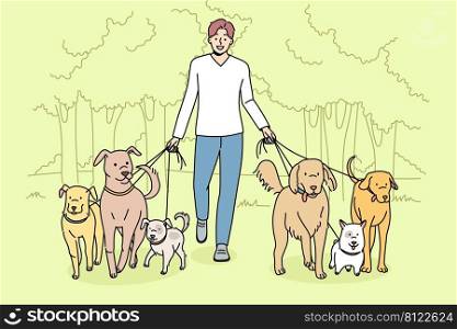 Smiling man walking dogs on leashes in park. Happy male walker provide professional pet walk service. Domestic animals care concept. Flat vector illustration. . Smiling man walk dogs on leashes 