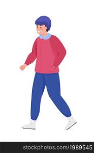 Smiling man walking semi flat color vector character. Walking figure. Full body person on white. Winter season isolated modern cartoon style illustration for graphic design and animation. Smiling man walking semi flat color vector character