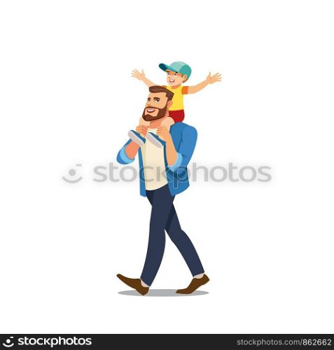 Smiling Man Walking with Playful Boy Sitting on His Shoulders Cartoon Vector Illustration Isolated on White Background. Happy Father Riding Child on Neck, Spending Time Together and Playing with Son