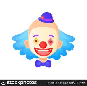 Smiling man wearing makeup vector, clown with hat and blue hair isolated face of person, performer in circus, character with smile, smiling male flat style. Clown Face Wearing Hat Closeup Smiling Man Vector