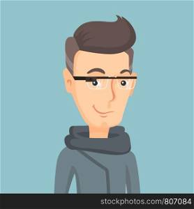 Smiling man wearing wearable computer with an optical head-mounted display. Caucasian man wearing smart glasses. Vector flat design illustration. Square layout.. Man wearing smart glass vector illustration.