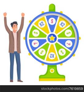 Smiling man winning jackpot in roulette machine. Happy player character standing near fortune wheel, business success in casino equipment, prize vector. Win Money in Roulette, Business Success Vector