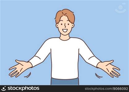 Smiling man with arms stretched open friend or colleague. Happy guy make hand gesture feel positive welcome or meet newcomer. Vector illustration. . Smiling man with arms stretched 