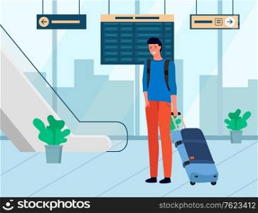 Smiling man with baggage, tourist with luggage in departure lounge. Man character with bag standing near stairs and scoreboard, traveler in airport vector. Flat cartoon. Traveler Male in Departure Lounge, Airport Vector