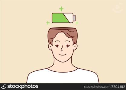 Smiling man with battery above head charging to full capacity. Happy male charge health or life accumulator. Vector illustration. . Smiling man with battery above head