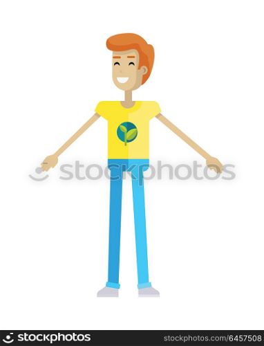 Smiling man with branch and leaves emblem on clothes, standing as part of human chain. Ecologist, environmentalist, nature protection activist or volunteer illustration. Flat design. Earth day.. Young Ecologist Character Vector Illustration.
