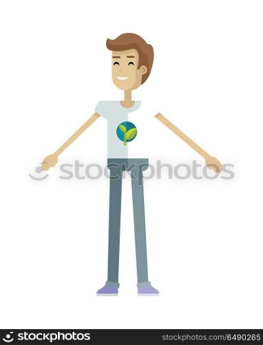 Smiling man with branch and leaves emblem on clothes, standing as part of human chain. Ecologist, environmentalist, nature protection activist or volunteer illustration. Flat design. Earth day.. Young Ecologist Character Vector Illustration.. Young Ecologist Character Vector Illustration.