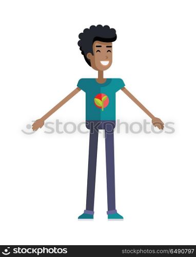 Smiling man with branch and leaves emblem on clothes, standing as part of human chain. Ecologist, environmentalist, nature protection activist or volunteer illustration. Flat design. Earth day.. Young Ecologist Character Vector Illustration.. Young Ecologist Character Vector Illustration.