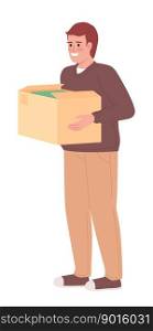 Smiling man with clothes in cardboard box semi flat color vector character. Editable figure. Full body person on white. Simple cartoon style spot illustration for web graphic design and animation. Smiling man with clothes in cardboard box semi flat color vector character