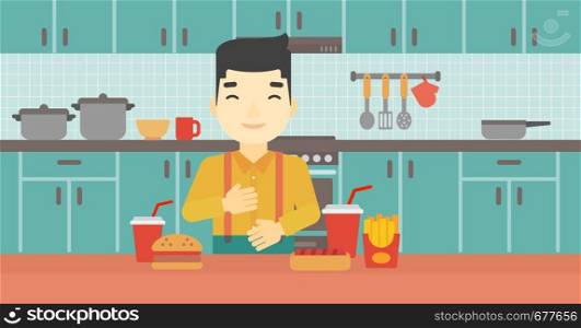 Smiling man with eyes closed touching his tummy. Satisfied man had the best ingestion. Man standing in front of table with fast food in the kitchen. Vector flat design illustration. Horizontal layout.. Satisfied man eating fast food.