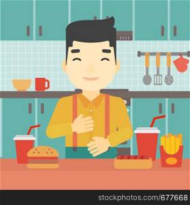 Smiling man with eyes closed touching his tummy. Satisfied man had the best ingestion. Man standing in front of table with fast food in the kitchen. Vector flat design illustration. Square layout.. Satisfied man eating fast food.