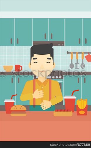 Smiling man with eyes closed touching his tummy. Satisfied man had the best ingestion. Man standing in front of table with fast food in the kitchen. Vector flat design illustration. Vertical layout.. Satisfied man eating fast food.