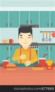 Smiling man with eyes closed touching his tummy. Satisfied man had the best ingestion. Man standing in front of table with fast food in the kitchen. Vector flat design illustration. Vertical layout.. Satisfied man eating fast food.