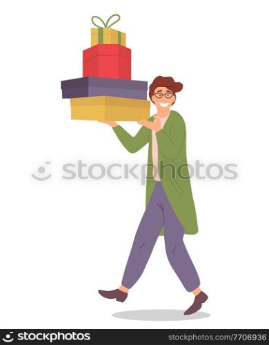 Smiling man with gift boxes in his hands. Young handsome fashion shopper guy isolated on white background. Sale advertising. Male character in store is buying christmas presents for the holiday. Smiling man with gift boxes in his hands. Young shopper guy isolated on the white background