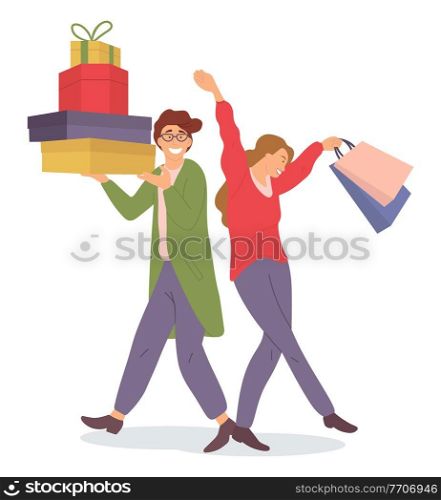 Smiling man with gift boxes in his hands. Girl picks up packages and crosses her legs. Sale advertising. Characters are buying christmas presents for the holiday. People isolated on white background. Smiling man with gift boxes in his hands. Young fashion girl picks up packages and crosses her legs