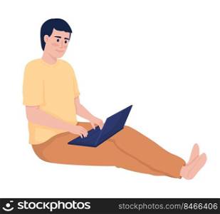 Smiling man with laptop semi flat color vector character. Editable figure. Full body person on white. Work and entertainment simple cartoon style illustration for web graphic design and animation. Smiling man with laptop semi flat color vector character