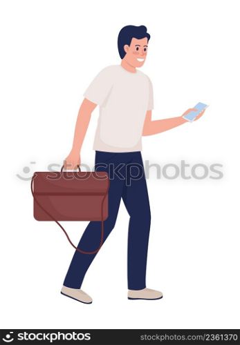 Smiling man with leather handbag and smartphone semi flat color vector character. Posing figure. Full body person on white. Simple cartoon style illustration for web graphic design and animation. Smiling man with leather handbag and smartphone semi flat color vector character