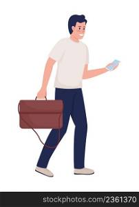 Smiling man with leather handbag and smartphone semi flat color vector character. Posing figure. Full body person on white. Simple cartoon style illustration for web graphic design and animation. Smiling man with leather handbag and smartphone semi flat color vector character