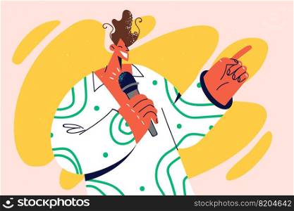 Smiling man with microphone making speech pointing with finger. Happy male speaker or coach with mic talking in front of audience. Vector illustration.. Smiling man making presentation with mic