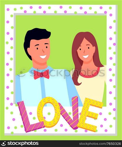 Smiling man with red bow and young woman in polka dot pattern photo frame with colorful love sign on light green background. Cute couple posing together. Photozone accessories vector illustration. Smiling Couple in Polka Dot Photo Frame Vector