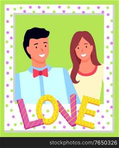 Smiling man with red bow and young woman in polka dot pattern photo frame with colorful love sign on light green background. Cute couple posing together. Photozone accessories vector illustration. Smiling Couple in Polka Dot Photo Frame Vector