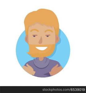 Smiling Man with Red Hair Hugging Himself. Avatar Userpic Icon. Smiling young man showing white teeth with red hair hugging himself wearing violet sweater on white background. Red mustache and long beard. Flat design. Vector illustration