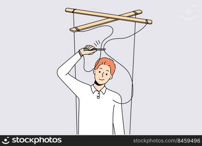 Smiling man with scissors cut ropes free himself from manipulation. Happy man stop being manipulated. Puppeteering and dependence. Vector illustration.. Man set free from manipulation