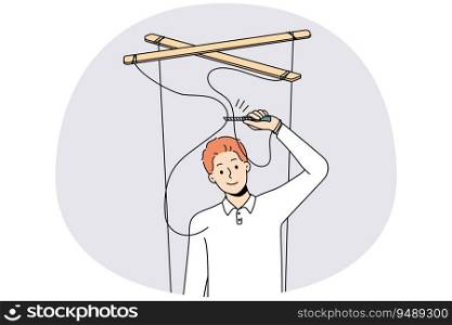 Smiling man with scissors cut ropes free himself from manipulation. Happy man stop being manipulated. Puppeteering and dependence. Vector illustration.. Man set free from manipulation