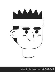 Smiling man with sport headband monochromatic flat vector character head. Editable black white cartoon face emotion. Hand drawn lineart ink spot illustration for web graphic design, animation. Smiling man with sport headband monochromatic flat vector character head