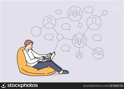 Smiling man work on laptop communicate with colleague on network online. Happy male employee communication with coworkers on computer. Vector illustrations. . Smiling man communicate with colleagues on network 