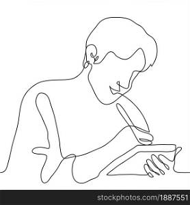 smiling man writes something on a thick notebook or book. One continuous line drawing of a man signs a card, an invitation to someone close, he is happy and grateful