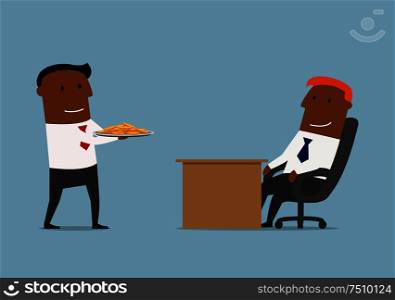 Smiling manager bringing golden coins on tray to his boss. Cartoon concept design. Manager brings gold coins to his boss