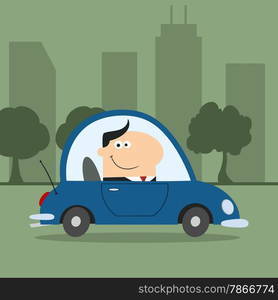 Smiling Manager Driving Car To Work In City.Modern Flat Design