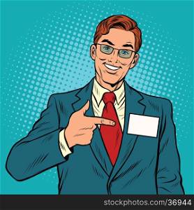 Smiling Manager with a name badge, pop art retro vector illustration. Caucasian European people