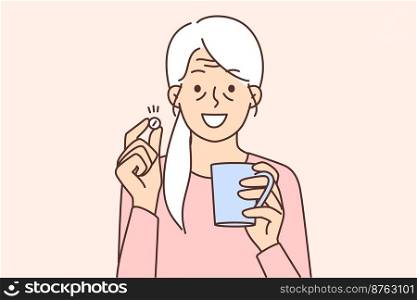 Smiling mature woman drink pill suffer from illness or disorder. Happy elderly grandmother having tablet with glass of water. Sickness and healthcare. Vector illustration. . Smiling old woman have pill 