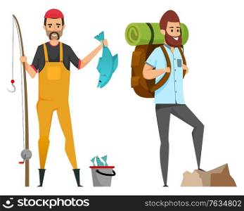 Smiling men in casual clothes holding fish-rod and pike, backpack with mat. Portrait and full length view of hiker and fisherman, fishing and hiking. Vector illustration in flat cartoon style. Hobby Fishing and Hiking, Male Leisure Vector