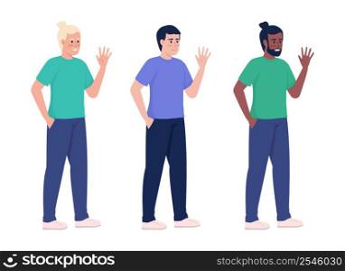Smiling men waving hands semi flat color vector character set. Standing figures. Full body people on white. Simple cartoon style illustration collection for web graphic design and animation. Smiling men waving hands semi flat color vector character set