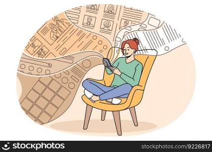 Smiling millennial girl sit relax in chair scroll social media feed on smartphone. Happy young woman use modern cellphone gadget browse internet. Web or phone addiction. Vector illustration.. Happy woman relax with cellphone scrolling internet feed