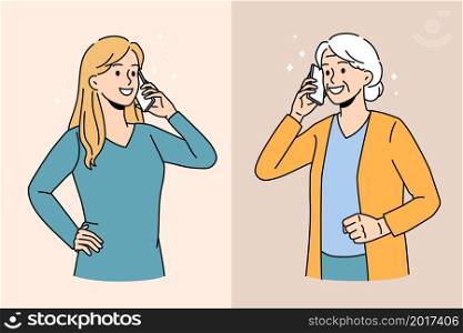 Smiling millennial girl talk on cellphone with positive grey-haired old grandmother. Happy young woman call optimistic elderly grandma, enjoy pleasant conversation on cell. Flat vector illustration.. Happy girl talk on cellphone with mature grandma