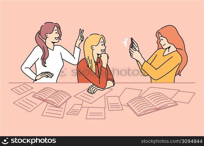 Smiling millennial girls students have fun making selfies during break at college. Happy girlfriends relax take self-portrait picture on smartphone. Technology and social media. Vector illustration. . Smiling girls make selfies on cell during break