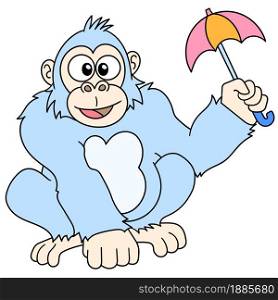 smiling monkey holding umbrella, doodle icon image. cartoon caharacter cute doodle draw